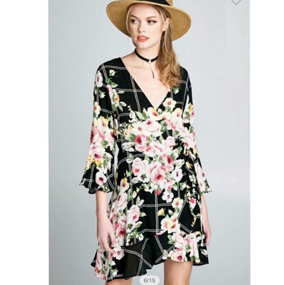 Oddy Floral Window Pane Pattern Wrap Dress Fairycore Boho Style
